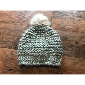 Chunky aqua knit hat with fur pom